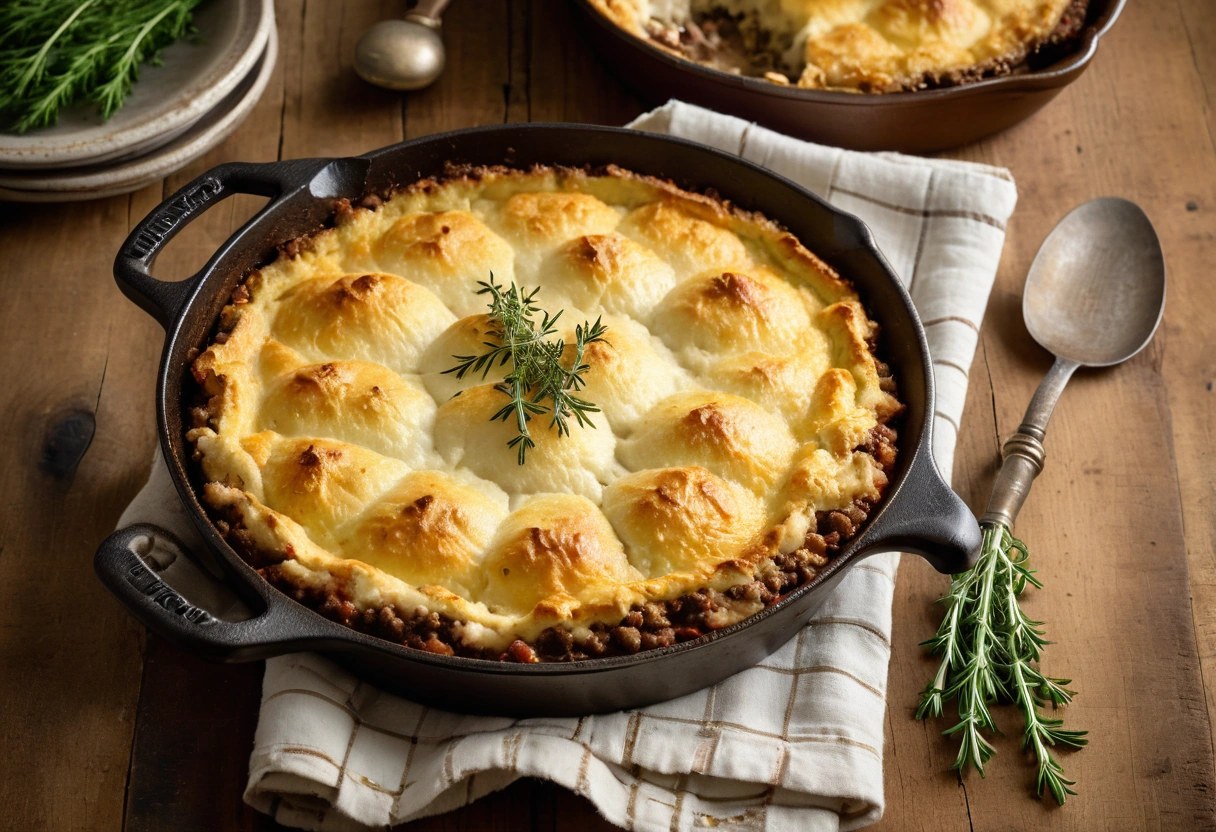 Keto cottage pie in a cast iron skillet with a golden browned cauliflower mash topping over beef filling