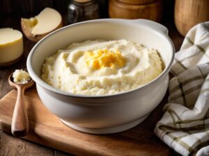 Whipped cauliflower mash with melted cheddar in a bowl