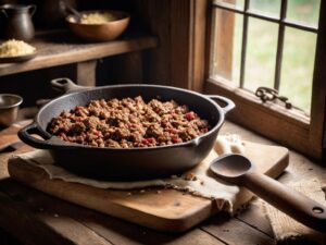 Ground beef browning in a cast iron skillet