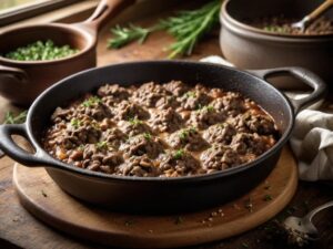 Ground beef and mushroom filling simmering in a thick gravy in a cast iron skillet