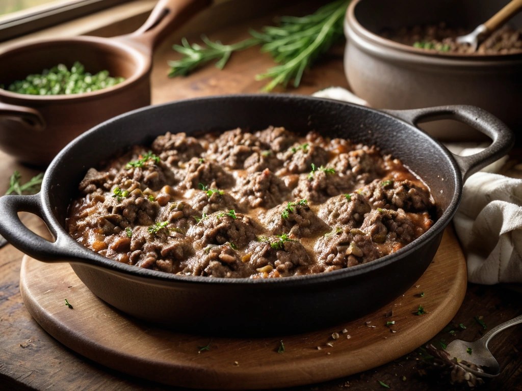 Ground beef and mushroom filling simmering in a thick gravy in a cast iron skillet