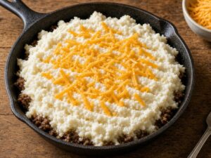 Skillet of beef filling topped with cauliflower mash and cheddar, ready for the oven