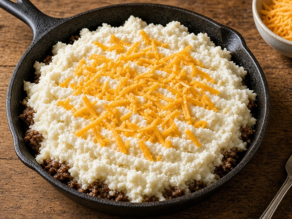 Skillet of beef filling topped with cauliflower mash and cheddar, ready for the oven