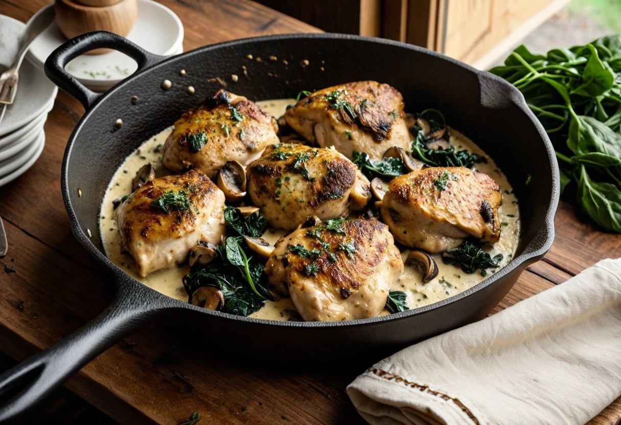 Cast iron skillet of seared chicken thighs in creamy garlic parmesan sauce with mushrooms and spinach