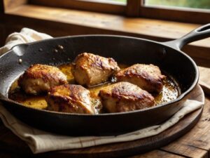 Boneless chicken thighs searing golden brown in a cast iron skillet