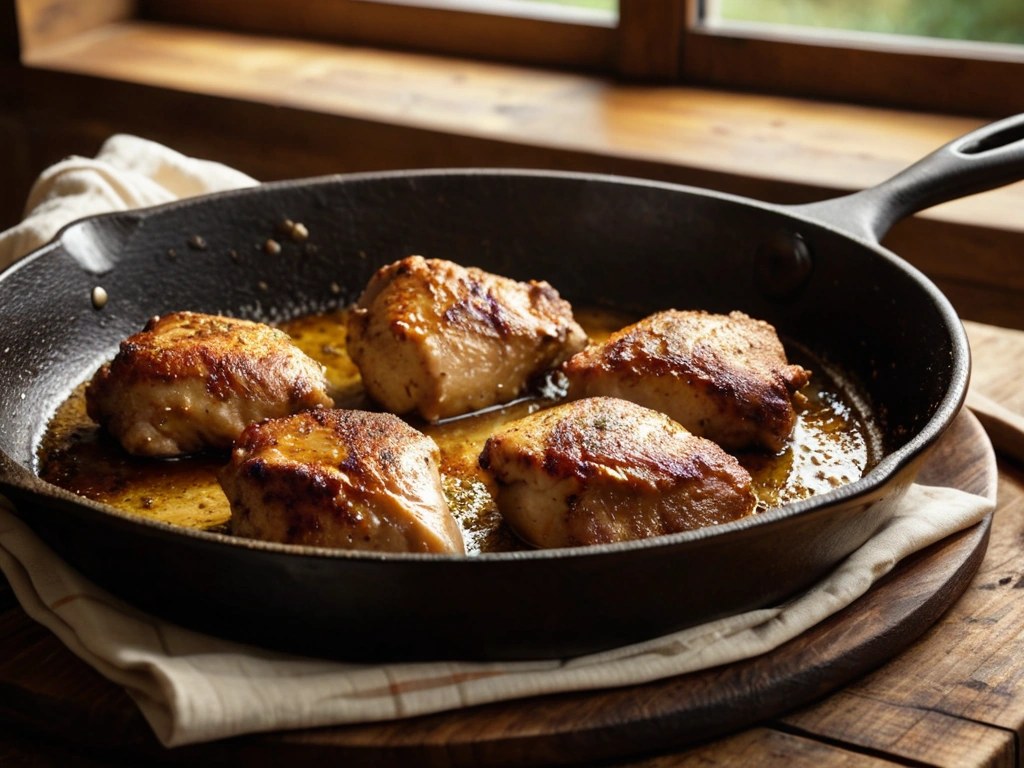 Boneless chicken thighs searing golden brown in a cast iron skillet