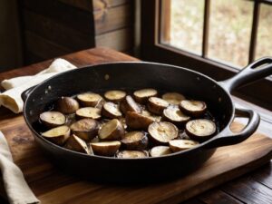 Sliced cremini mushrooms cooking in butter in a cast iron skillet