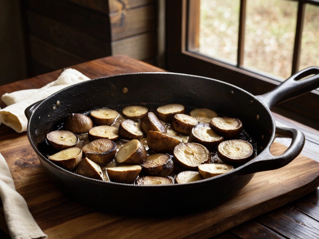 Sliced cremini mushrooms cooking in butter in a cast iron skillet