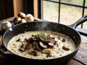 Creamy garlic parmesan sauce with browned mushrooms simmering in a skillet