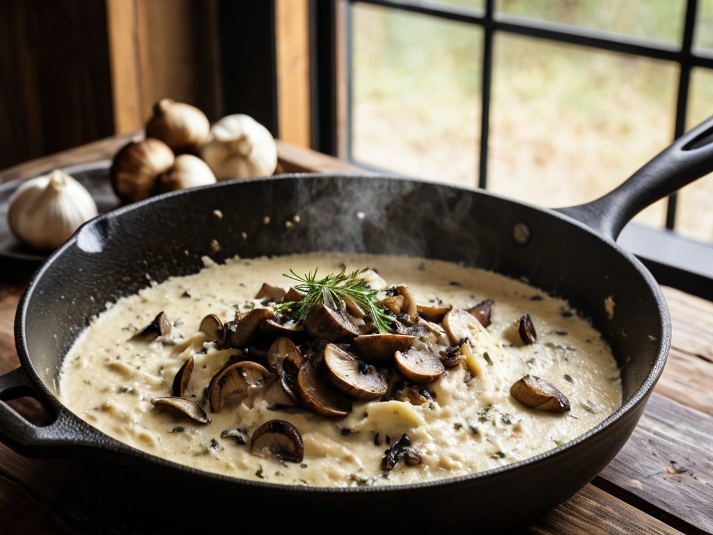 Creamy garlic parmesan sauce with browned mushrooms simmering in a skillet