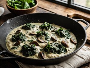 Baby spinach wilted into the creamy mushroom sauce