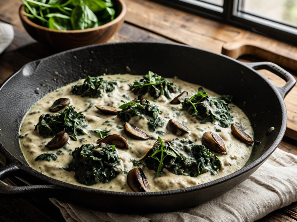 Baby spinach wilted into the creamy mushroom sauce