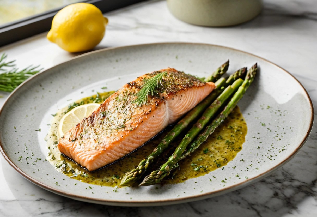 Pan-seared salmon fillet on roasted asparagus with lemon-dill brown butter sauce and a lemon wedge