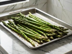 Asparagus spears tossed with olive oil on a rimmed sheet pan, ready to roast