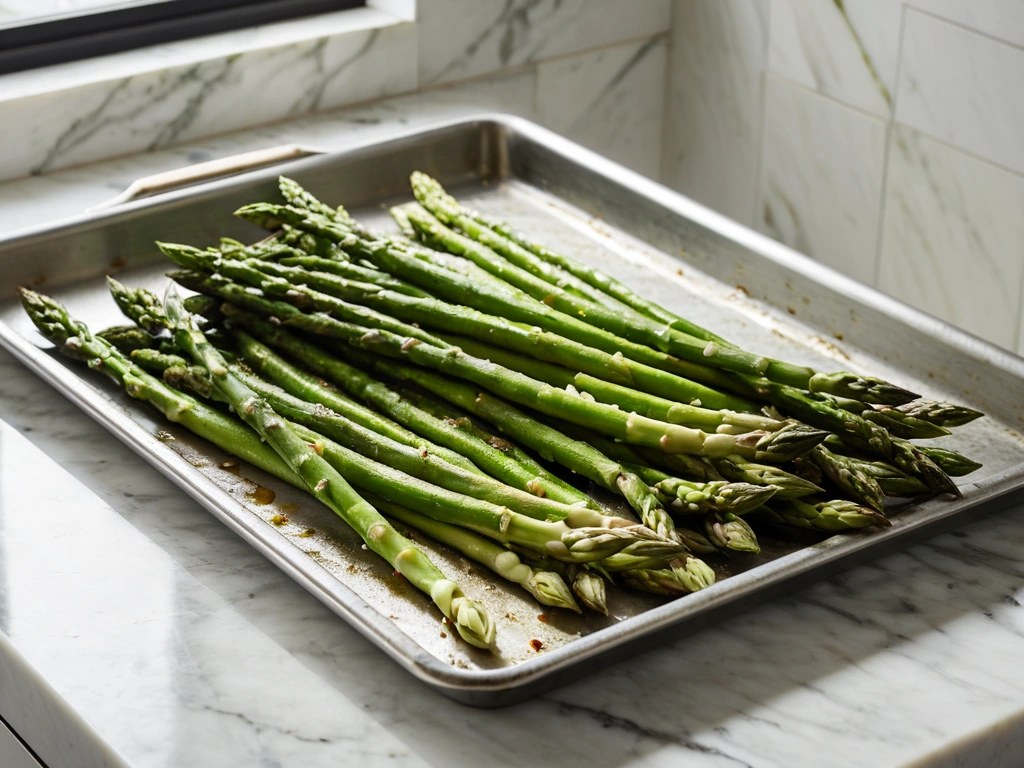 Asparagus spears tossed with olive oil on a rimmed sheet pan, ready to roast