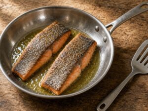 Salmon fillets searing skin-side down in a stainless steel skillet