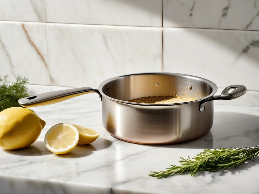 Brown butter in a small saucepan with lemons and fresh herbs beside it