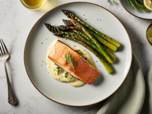 Plated salmon fillet with roasted asparagus and lemon-dill butter sauce