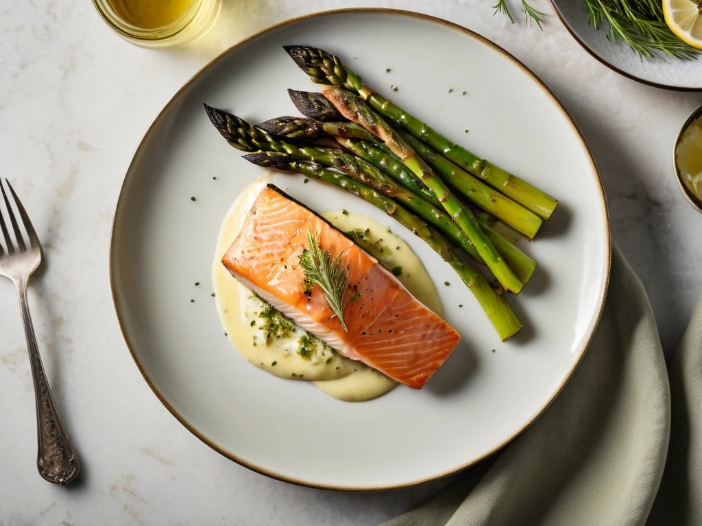 Plated salmon fillet with roasted asparagus and lemon-dill butter sauce