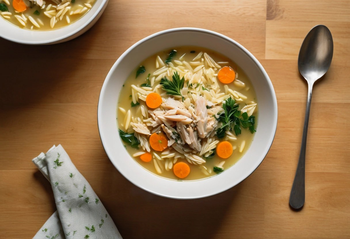 Bowl of lemon chicken orzo soup with shredded chicken, carrots and fresh herbs