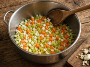 Diced onion, carrot and celery softening in olive oil in a soup pot
