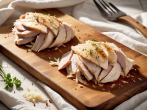 Cooked chicken breasts pulled into pieces on a wooden cutting board