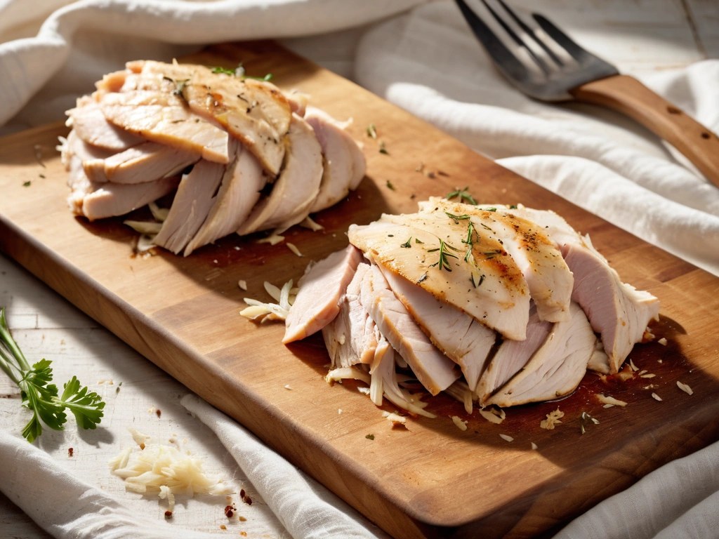 Cooked chicken breasts pulled into pieces on a wooden cutting board