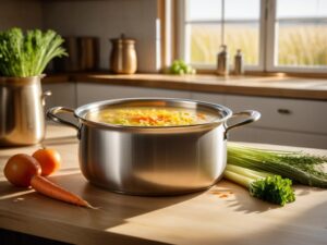 Pot of chicken broth with orzo and vegetables simmering on the counter