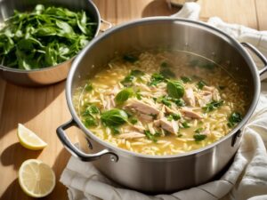 Shredded chicken and greens stirred into lemony orzo soup, with lemon halves beside the pot