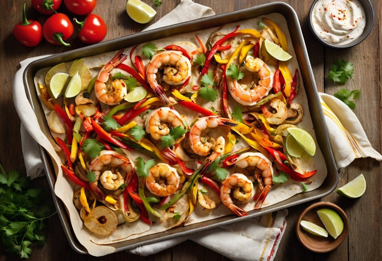 Sheet pan of roasted shrimp fajitas with colorful bell pepper strips, onion and lime wedges