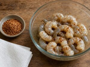 Raw shrimp coated in olive oil and fajita spice rub