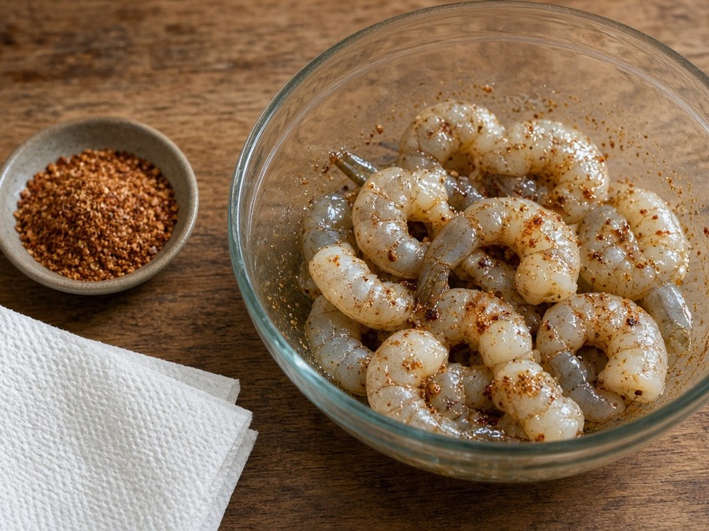 Raw shrimp coated in olive oil and fajita spice rub