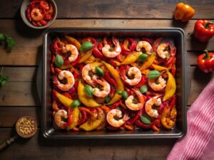 Shrimp roasted in a single layer with charred bell peppers on a sheet pan
