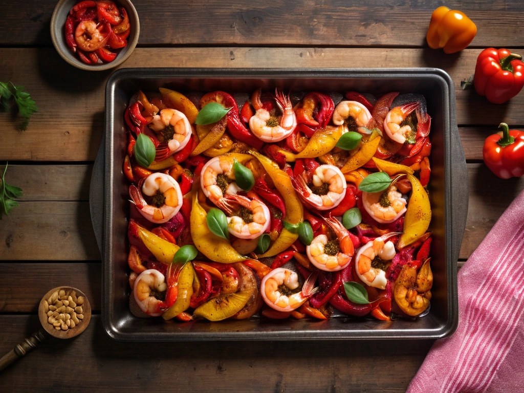 Shrimp roasted in a single layer with charred bell peppers on a sheet pan