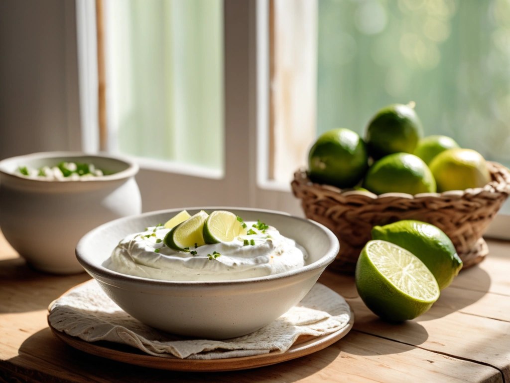 Bowl of lime yogurt crema with fresh limes