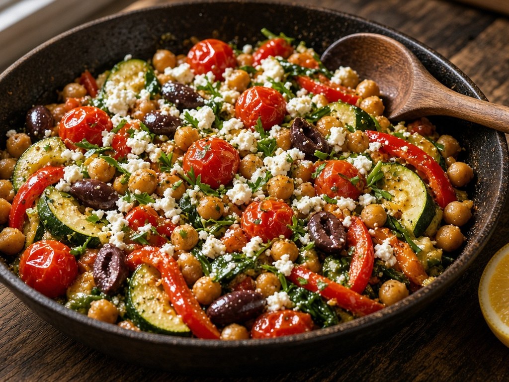 Mediterranean chickpea skillet with spinach, tomatoes, olives, feta and parsley