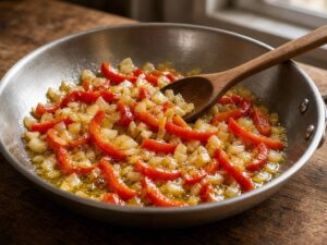 Onion and red bell pepper softening in olive oil in a skillet