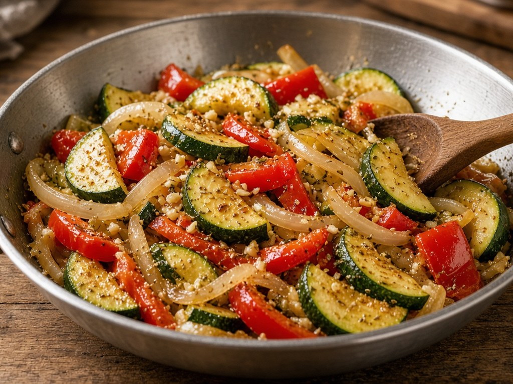 Zucchini, peppers and onion with garlic and spices in a skillet