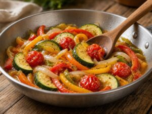 Cherry tomatoes bursting into a light sauce with the vegetables