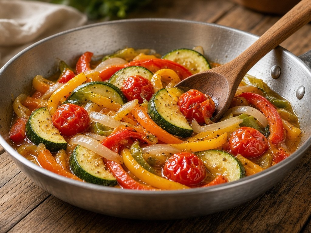 Cherry tomatoes bursting into a light sauce with the vegetables