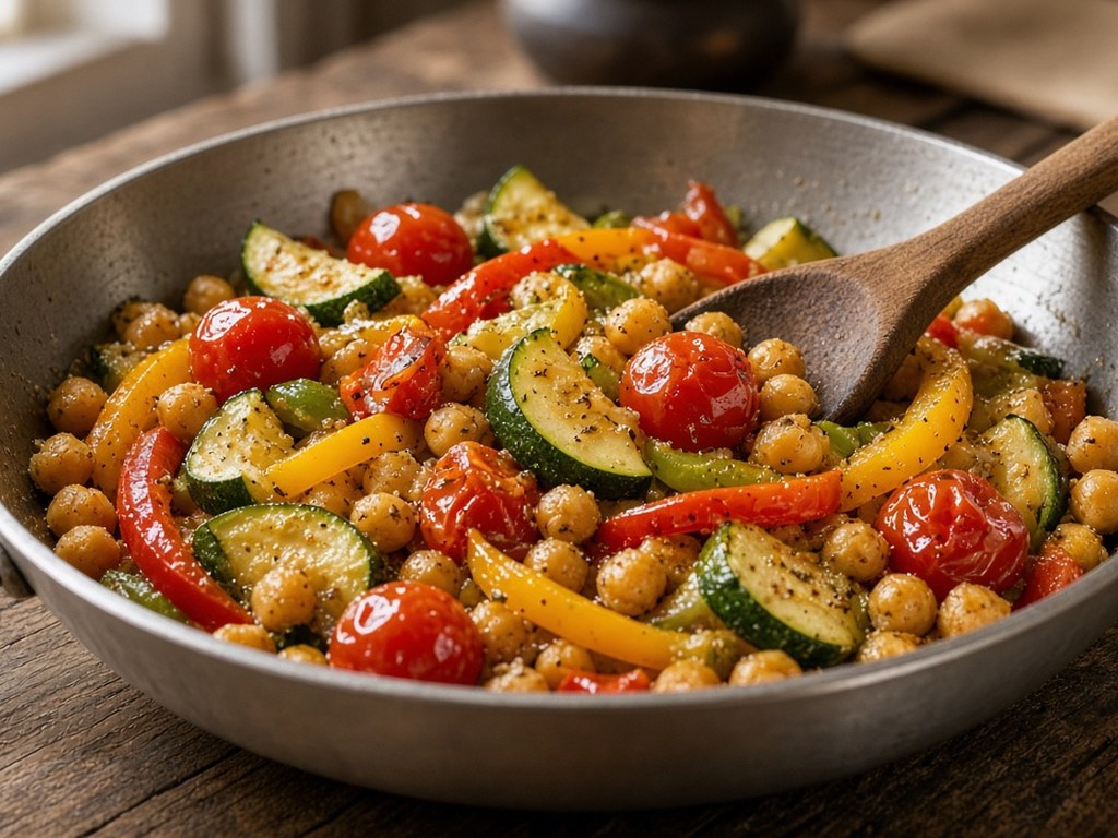 Chickpeas warming and browning with the vegetables in the skillet