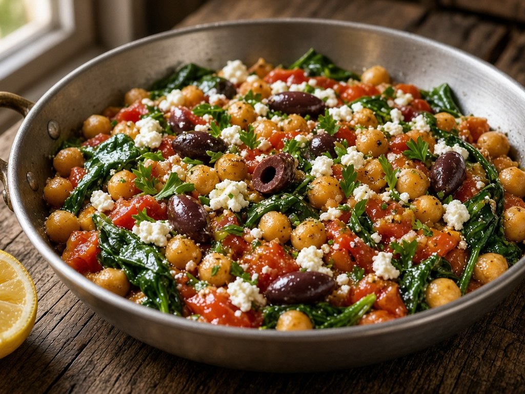 Spinach wilted into the chickpea skillet, topped with olives, feta and parsley
